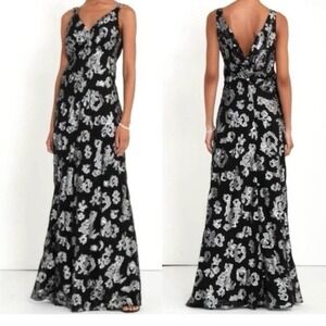 Lauren Ralph Lauren Black and Silver Metallic Floral Tank Maxi Gown size 8